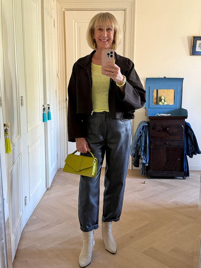 Brown pleather trouser with brown jacket and lime accessories