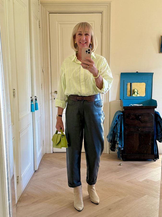 Brown pleather trouser with yellow shirt and lime accessories