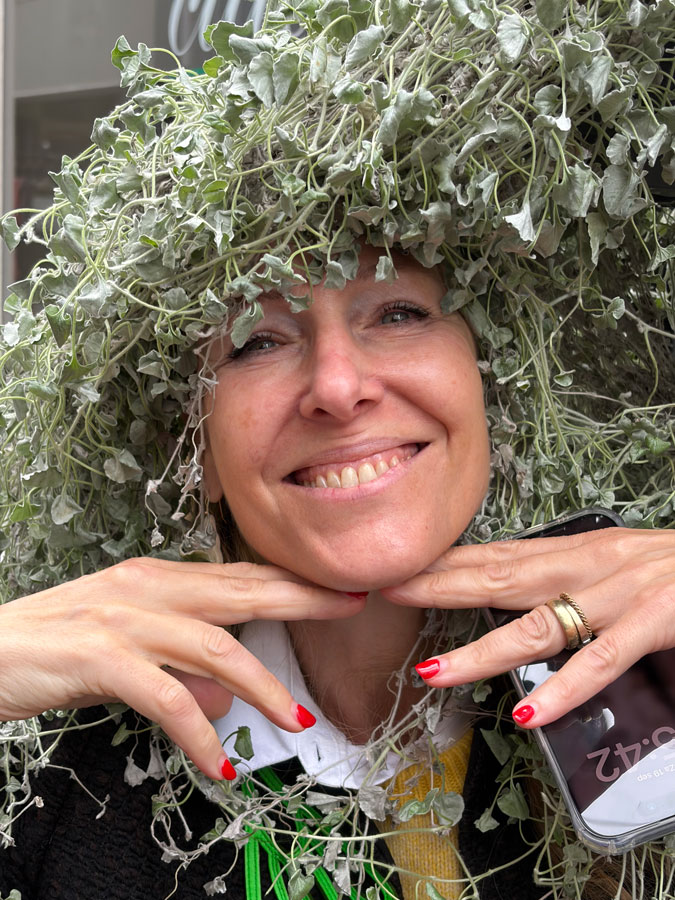 Sabine with a plant as hair